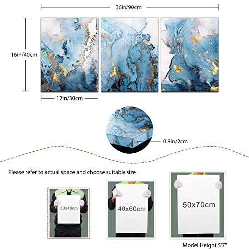 SERIMINO Blue Abstract Canvas Wall Art for Living Room, Navy and Gold Fluid Marble Wall Decor for Bedroom, Bathroom, Office, Home Decor, Set of 3 Print Painting, 12"X16"