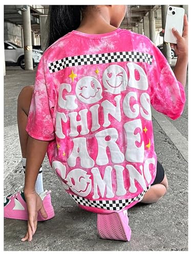 Image of SHENHE Girl's Letter Graphic Tie Dye Tshirts Plaid Crewneck Short Sleeve Loose Tee Top Pink 12Y