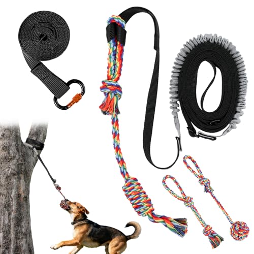 Tivray Outdoor Bungee Tug Toy, Dog Hanging Bungee Tug Toy with 3 Dog Chew Ropes,Interactive Retractable Play Cord Tether from Tree Outdoor for Small Medium Large Breeds Exercise and Play, Black+Grey