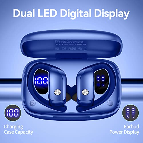 Wireless Earbuds Bluetooth Headphones 48Hrs Play Back Sport Earphones With Led Display Over-Ear Buds With Earhooks Built-In Mic Headset For Workout Blue Bmani-Veat00L #TOP1