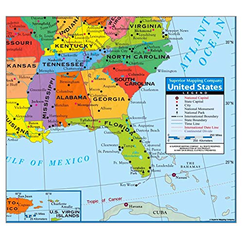 Mapa de parede tamanho pôster da Superior Mapping Company dos Estados Unidos 101,6 cm x 60,96 cm com