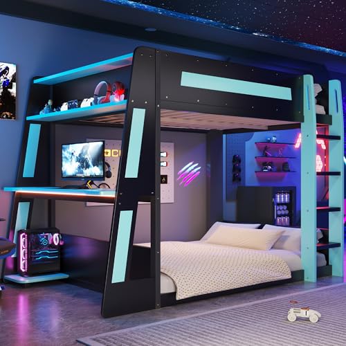 roomfitters Full Over Full Wooden Gaming Bunk Bed with Desk and LED Lights, Black and Blue