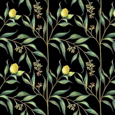 Lemon Wallpaper Peel and Stick Wallpaper 17.3" x 393" Self Adhesive Wallpaper Boho Black and Green Wallpaper Leaf Contact Paper Removable Wallpaper Decoration for Bedroom Bathroom Cabinets Decor Vinyl Cover