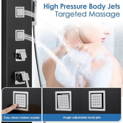 ROVOGO Shower Panel Tower System with LED Lights - No Battery Needed, Shower Column with Rainfall Waterfall Shower, Body Jets, Handheld Shower and Tub Spout, Black