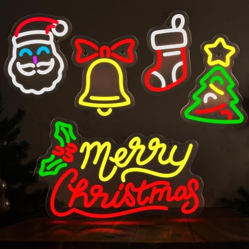 5 Pcs Christmas Neon Sign Merry Christmas Santa Claus Bells Xmas Tree LED Lights Winter Neon Lights USB Window Wall Bar Living Room Decor for Winter Xmas Party Holiday Night Bedroom Gifts