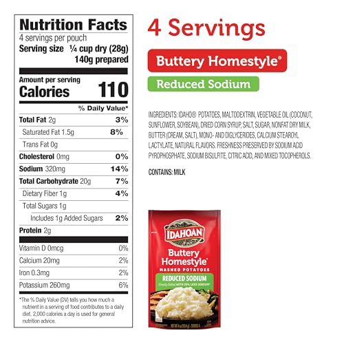 Idahoan Reduced Sodium Mashed Potatoes, Buttery Homestyle, 4 Ounce (Pack of 12)