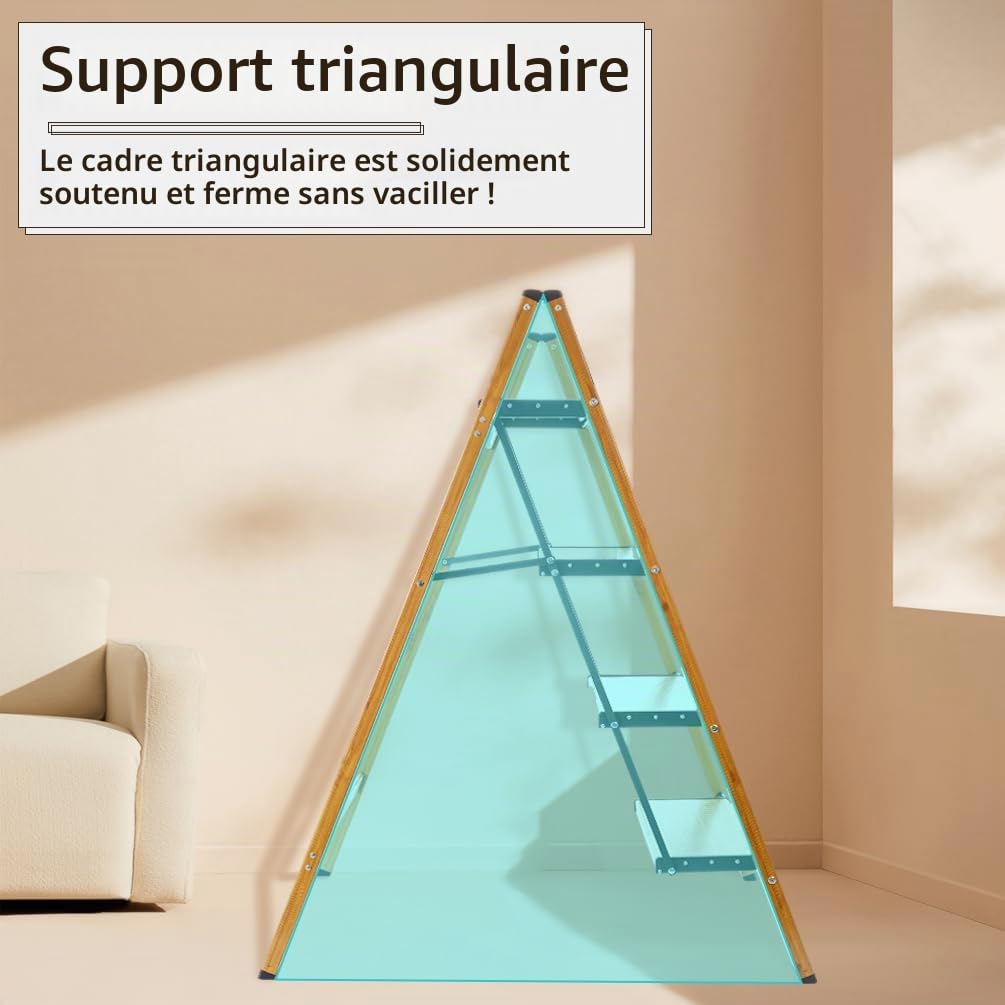 BAOYOUNI Escabeau pliable à 4 marches portable en aluminium léger avec pédales larges antidérapantes Capacité de 150 kg pour la maison, la cuisine, le jardin, le bureau – Noir + couleur grain de bois