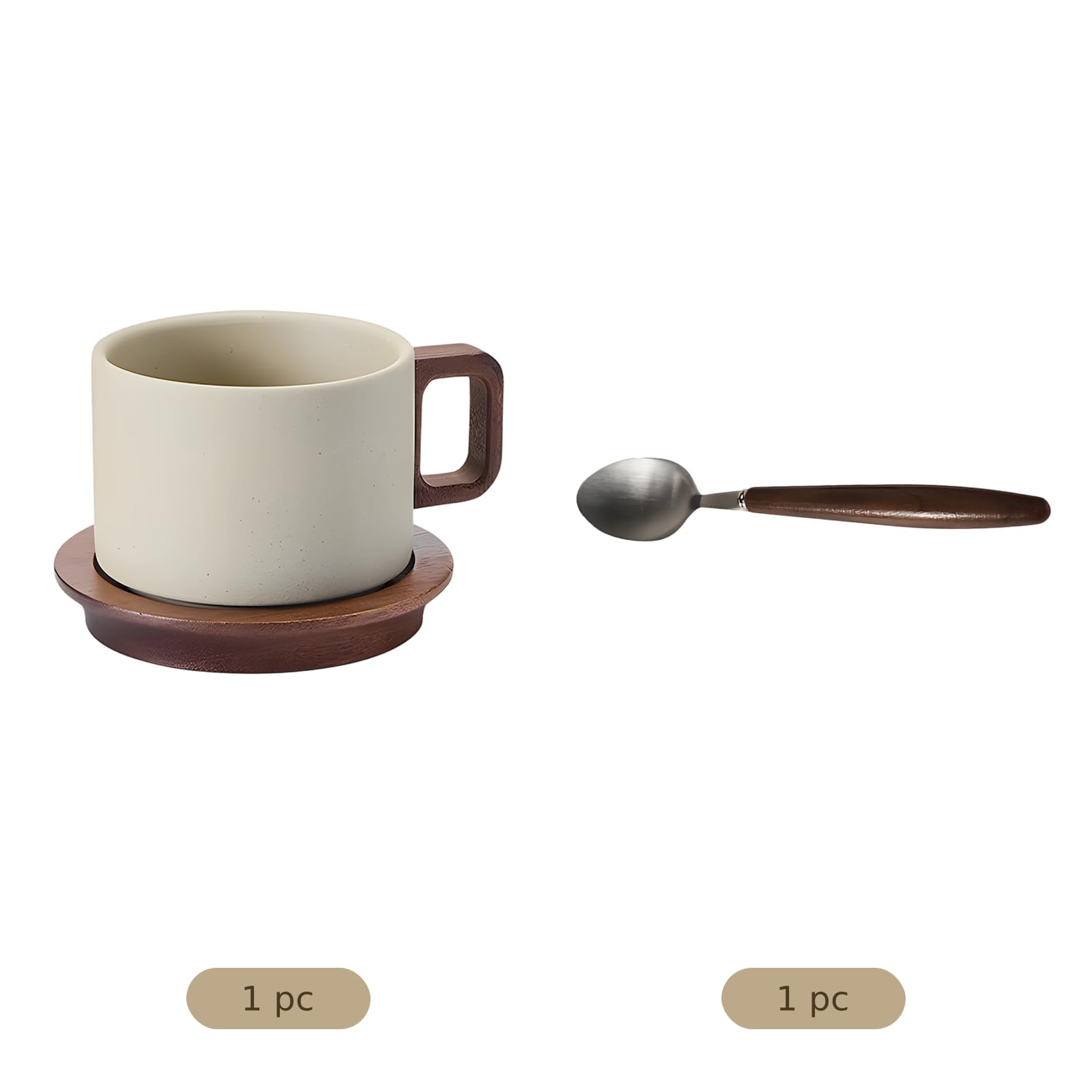 Keramik-Kaffeetassen-Set, 8,5 oz / 250 ml, Vintage-Steinzeug-Espressotasse mit Akazienholz-Untertasse und Löffel, Hitzeschutzgriff, Becher für Latte, Cappuccino, Zuhause und Büro