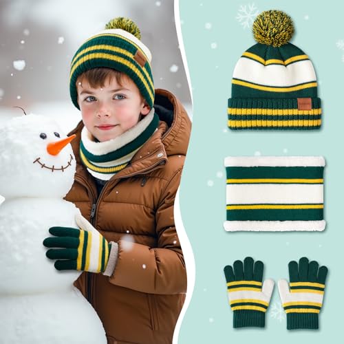 Image of Kids Winter Hat Gloves Scarf Set: Girls Boys Beanie Fleece Lined Ages 6-10