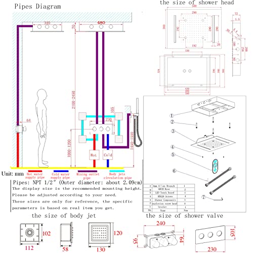 Dulabrahe Brass Chrome Rain Shower System Metal Ceiling Mounted 14 X 20 Inch Stainless Steel Led Rainfall Shower Head Spa Shower Body Massage Combo Mixer Jets #TOP4