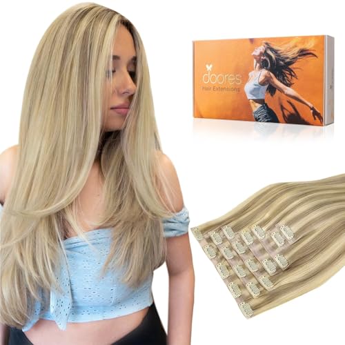 Image of DOORES Human Hair Clip in Extensions, Light Blonde Highlighted Golden Blonde 22 Inch 110g 7pcs, Seamless Clip in Hair Extensions Real Human Hair Remy Straight Skin Weft Invisi Edge Hair Extensions