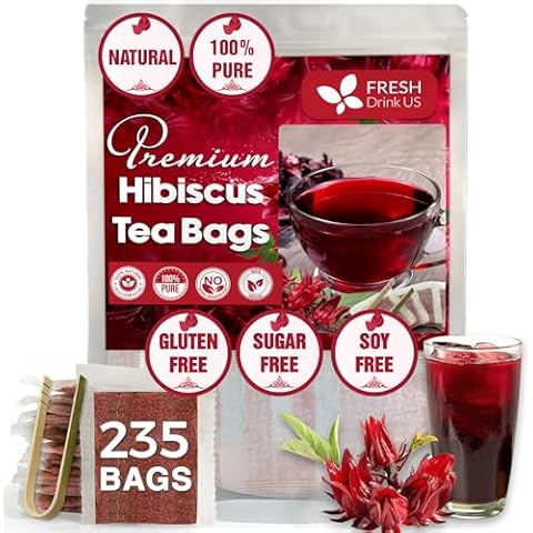 FreshDrinkUS, Premium 235 Hibiscus Flowers Tea Bags, 100% Natural, Pure from Hibiscus Flowers. Loose Flower Hibiscus Herbal Tea. Hibiscus Flower Tea. No Sugar, No Caffeine, No Gluten, Vegan. Cover