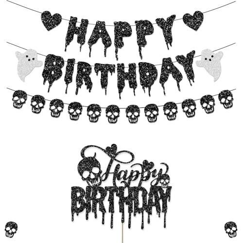 Black Glitter Halloween Birthday Banner Decorations Cake Topper Heart Skull