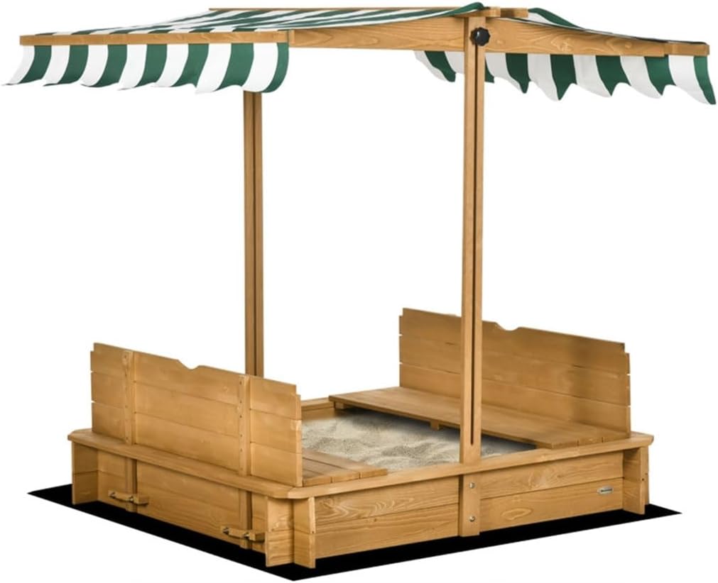 Wooden Sandbox with Height Adjustable Canopy and Foldable Bench Seats Kids Outdoor Play Equipment Sand Protection Bottom Liner for Backyard, Beach, Lawn Sand Boxes for Kids Outdoor,Green