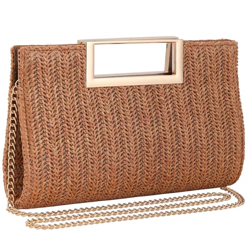 Image of Women's Straw Raffia Clutch Purse, Top Handle Woven Handbag with Crossbody Strap, Summer Beach Shoulder Bag