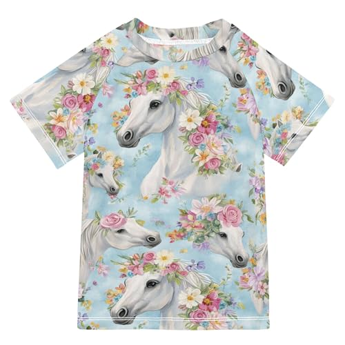 Wudan Flowers Horses Blue Kids Bathing Suits Girls UV Protection Rash Guard Boys Swimwears Athletic Shirt for Little Boys 4T