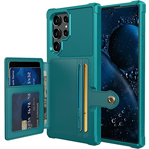 Funda Samsung S22 Ultra con tarjetero y soporte integrado para fotos en cuero PU verde elegante