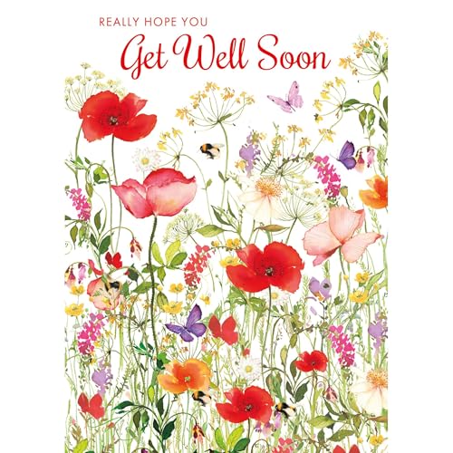 Nigel Quiney Get Well Soon Card - Floral Field & Butterfly Design - Uplifting Greeting Card for Recovery - Eco-Friendly & Recyclable