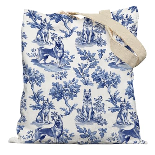 APJYM French Country German Shepherd Tote Bag, German Shepherd Gifts for Women, Blue and White Chinoiserie Dog Canvas Tote Bags for Women, Vintage Dog Reusable Grocery Shopping Bag