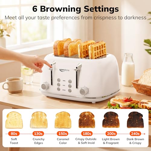 Image of Keenstone Toaster 4 Slice, Retro Stainless Steel Wide Slot Toaster with Dual Independent Controls, 6 Browning Levels, Bagel, Defrost, Reheat & Cancel, Removable Crumb Tray, White