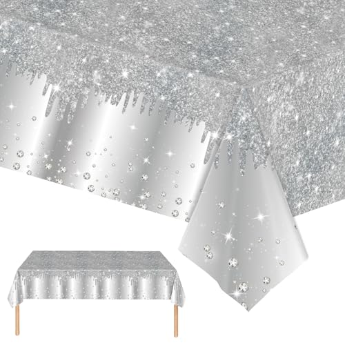2 pièces de nappes en argent pour fêtes jetables, 137 x 274 cm, brillant avec paillettes en diamant, pour table de réception, mariage, anniversaire, fête...