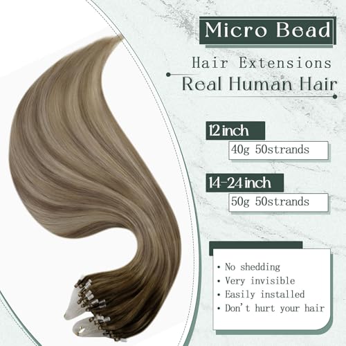 RUNATURE Micro Hair Extensions Real Human Hair Blonde Ombre Brown Micro Ring Hair Extensions Human Hair Ombre Blonde Micro Loop Hair Extensions Long Hair 24 Inch 50g - Image 3