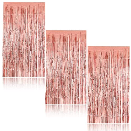 Image of 3 ft X 6 ft 10 inches Rose Gold Metallic Foil Fringe Curtains for Anniversary /Birthday /House Party (3pc Rose Gold Metallic Tinsel Foil Fringe Curtains)