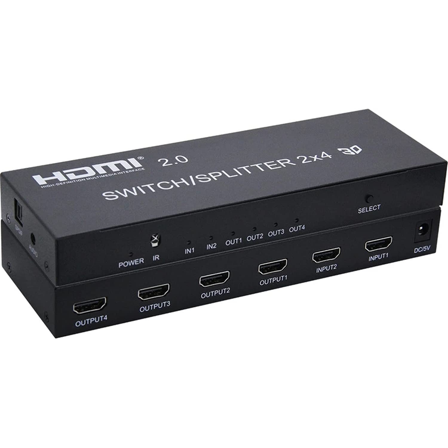 Divisore HDMI 2x4 ，4K HDMI 2.0 Switcher 2X4 Splitter con HDMI 2.0 SPDIF Estrattore audio Funzioni splitter HDMI 2 in 4 out Switch Splitter