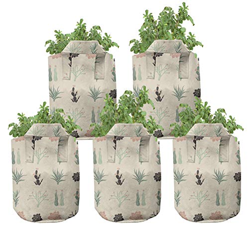 Ambesonne Cactus Grow Bags 5-Pack, Succulent Haworthia Opuntia, Heavyduty Fabric Pots With Handles For Plants, Champagne Peach #TOP22