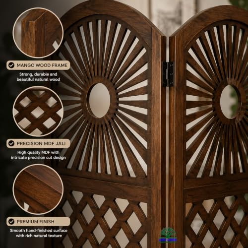 Image of Wooden Room Divider Partition for Living Room | Foldable 4 Panel Decorative Privacy Screen Separator for Home, Office & Bedroom | Modern (Dark Brown)