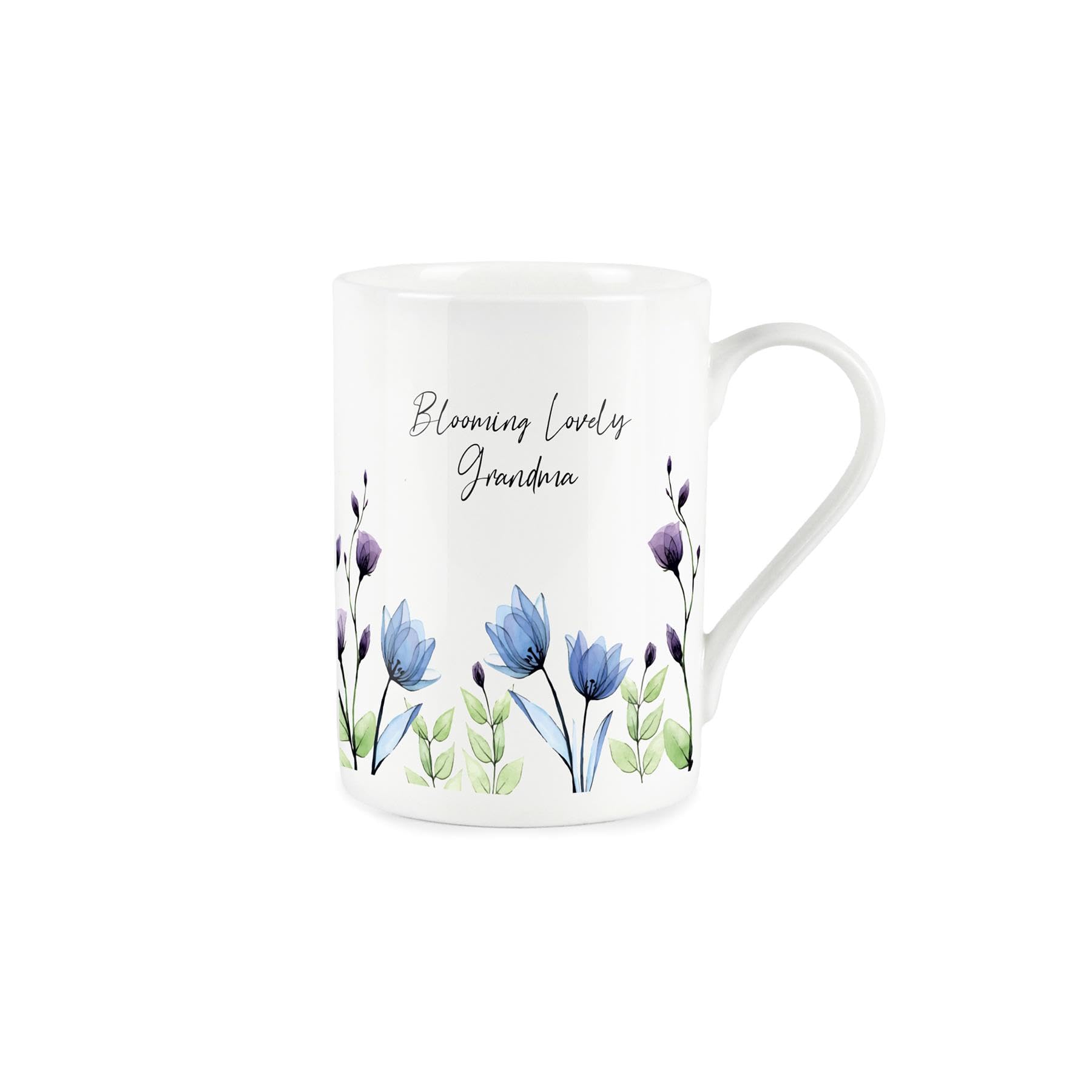 Grandma Gift Mug, Blooming Lovely White Floral Bone China Tea Coffee Present Gift Mug, White With Blue and Purple Flowers