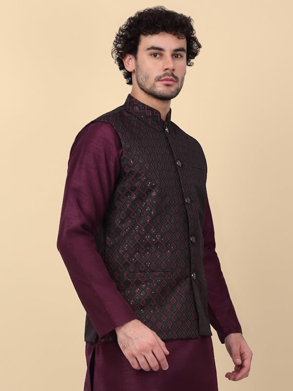 Image of KRAFT INDIA Men's Embroidered Sequins Jacquard Nehru Jacket
