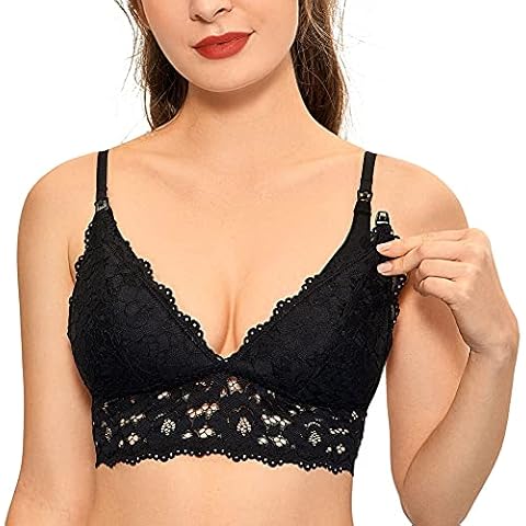 MOMANDA Women's Lace Nursing Bra Wirefree Padded Breastfeeding Maternity Bralette Cute Black 34C Cover