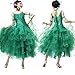 National Standard Dance Costume Women Lyrical Dance Costumes Halter Neck Shoulder Mesh Flowy Big Swing Skirt (XXXL,Green)