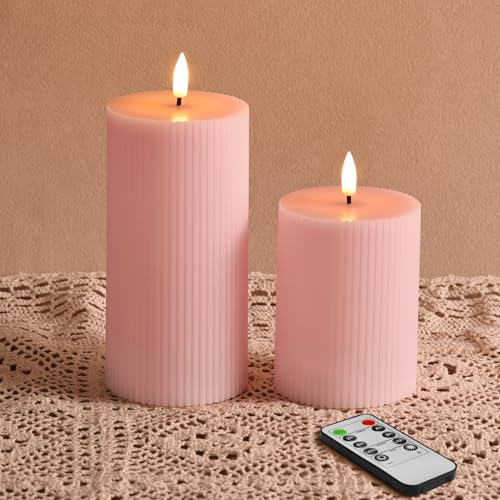 Bougies LED roses en cire véritable côtelée avec télécommande Eywamage