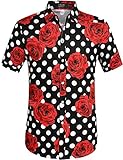 SSLR Men's Polka Dot and Rose Button Down Short Sleeve Casual Shirt (Medium,Black)