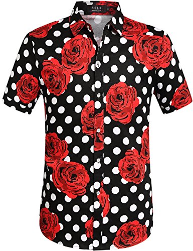 SSLR Men's Polka Rose Button Down Short Sleeve Casual Shirt (Large,Black)