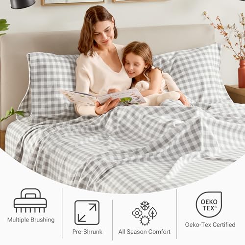 Sleep Philosophy True North 100% Cotton Flannel Sheets Cal King, Cozy Flannel Sheet Set Brushed for Extra Softness, Heavyweight Novelty Print Warm Flannel Bedding Set, Gray Herringbone Check 4 Piece