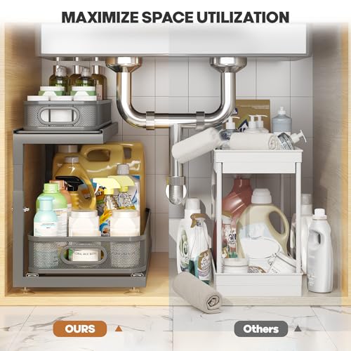 Image of 2-Pack 21.3 IN Depth Under Sink Organizer With Next-Gen Ball-Bearing Slides,Sophisticated Mesh 2-Tier Pull Out Shelf for Kitchen & Bathroom,Fits Small Items-Gun Gray