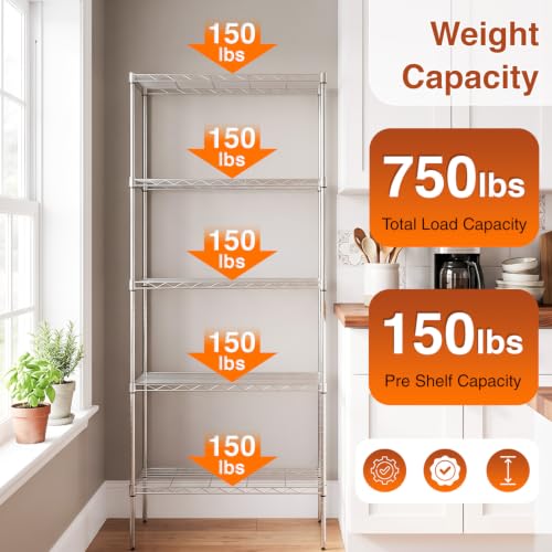 Image of BestOffice | 5-Tier Wire Shelf | 14 inch x 24 inch x 60 inch | Chrome | Storage Shelves Metal Shelving Kitchen Storage , Holds upto 750 lbs | Rust-Resistant, No-Tool Assembly | for Home, Garage