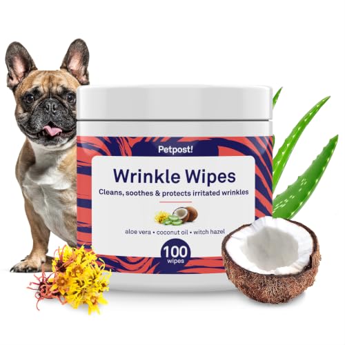 Petpost Wrinkle Wipes for Dogs | 100 Count Dog Face & Wrinkle Cleaner | Gentle Pet Wipes with Coconut Oil for Bulldogs Pugs & Wrinkly Breeds | Dog Cleaning & Deodorizing Wipes