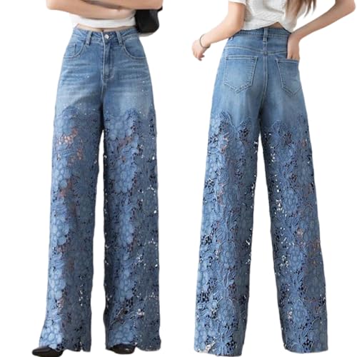 Women's High-Waisted Blue Denim Wide-Leg Pants with Cut-Out Lace Panels,Casual Vintage Baggy Wide Leg Denim Pants