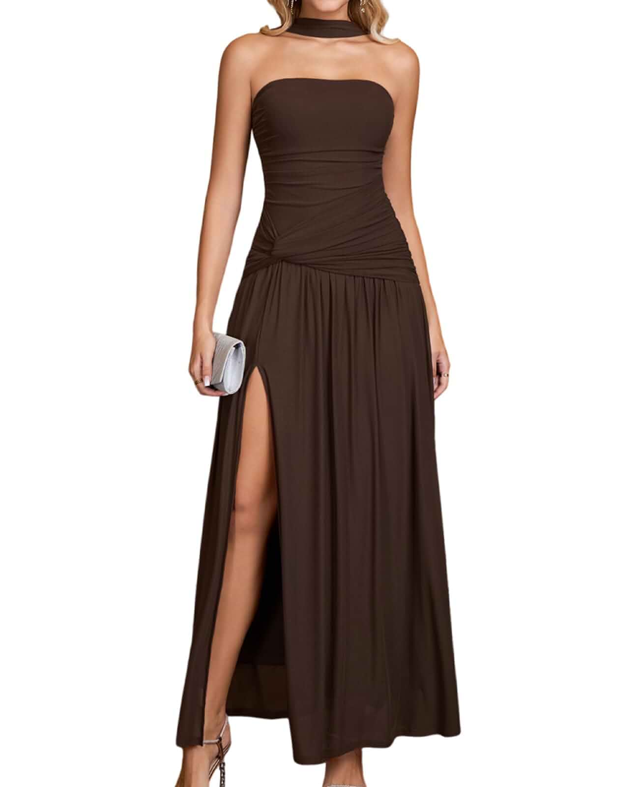 GLNEGE Halter Tube Top Strapless Formal Wedding Guest Cocktail Maxi Dress Women's Ruched Pleated Mesh Slit Long Dress Elegant Evening Prom Bridal Shower Floral High Waist Dress
