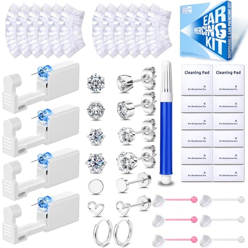 TKKUY 40Pcs Ear Piercing Kit – Disposable Self Piercing Gun with 316L Stainless Steel Studs, Flat Back Earrings, Hoop Earrings, Plastic Earrings Easy to Use Complete Ear Piercer Kit Tool Silver