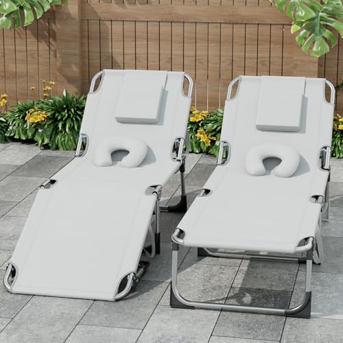 Soontrans Juego de 2 tumbonas con agujero para la cara y almohada, tumbona plegable con 4 posiciones de respaldo ajustables y bolsillo lateral, 190 x 63 x 30 cm (gris)