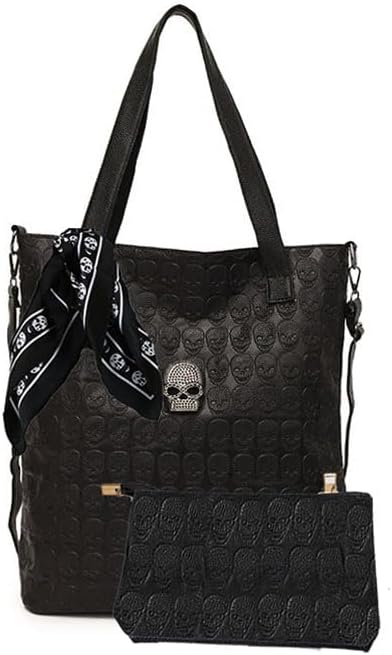 zuoge Women Skull Tote Bag Revit Studded Handbag Pu Leather Purse and Wallet Scarf 3Pcs Set