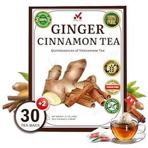 32 Premium Ginger Cinnamon Tea Bags, 3g/Bag, Handmade, Made with Natural Ingredients, Sugar/Caffeine/Gluten Free Energy Boost & Health Support