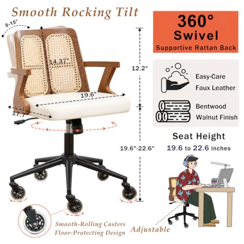 Image of Rattan Swivel Desk Chair for Small Office, Walnut Executive Office Chair