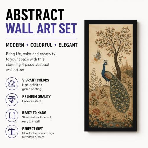 Image of Paintingmantra Traditional Indian Heritage Framed Wall Art Painting For Living Room | Peacock, Deer, Woman Artwork Poster with Frame for Wall, Decoration item for Bedroom, Set of 4, Size 9.5x19.5 Inch