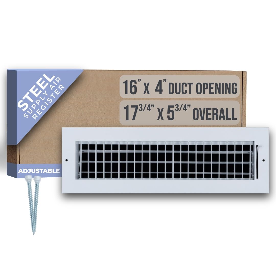 Handua 40,6 cm (l) x 10,2 cm (H) [Taille de l'ouverture du conduit] Grille d'alimentation en air réglable en acier | Grille d'aération pour paroi latérale et plafond | Blanc | Dimensions extérieures
